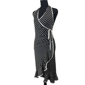 VTG Pia Polka Dot Halter Faux Wrap Dress XS Ruffle Midi Retro Pinup Rockabilly